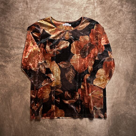 Allison Daley Vintage Y2K Floral Velour Key Hole Neck Shirt 3/4 Sleeve Orange - Picture 1 of 8